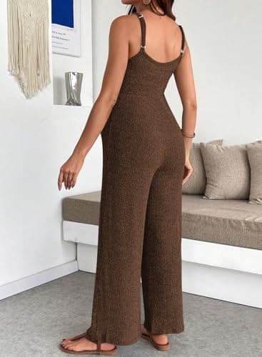 BLENCOT Jumpsuits for Women Casual Ribbed Adjustable Strap Sleeveless Wide Leg Pants Brown Jumpsuit Maternity Clothes XX-large - Thumbnail 3