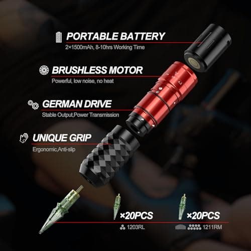 Tattoo Gun,Solong Tattoo Gun Kit Professional 2 Batteries 7 Strokes Wireless Tattoo Kit 6500Rpm Brushless Motor Digital LED Display Tattoo Machine with 20Pcs Tattoo Needles SLE75KIT-1-US - Thumbnail 4