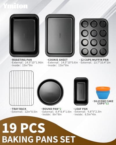 Ymiton Nonstick Baking Pans Set, 19 PCS Stackable Bakeware Sets, Oven Pan Set Includes Baking Tray, Cookie Sheet, Cake Pans, Loaf Pan, Muffin Pan, Silicone Cups - Thumbnail 3