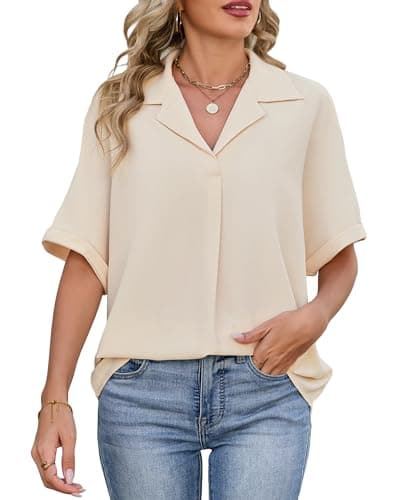 IEEILULU Womens Striped Collared Shirt Dressy Casual Short Sleeve Shirt Blouse Tops Oversized Business Work Shirts Apricot Striped S - Image 1