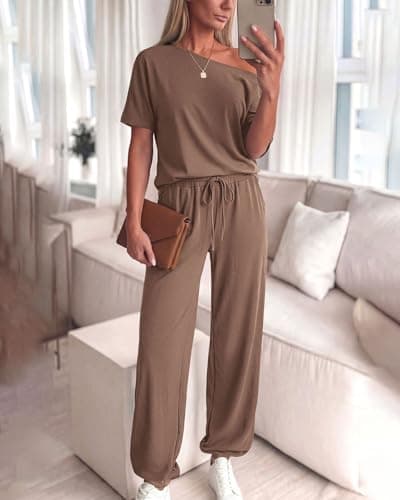 Zenlonr Women Summer 2 Piece Outfits 2026 Off Shoulder Short Sleeve Tops Elastic Waist Drawstring Long Pants Tracksuit(Dark Khaki,Small) - Thumbnail 4
