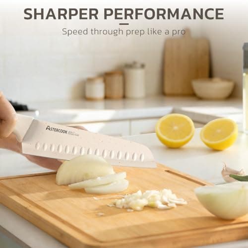 Astercook Knife Set, 15 Pieces Kitchen Knife Set with Sharpener Block, German Stainless Steel Knives Set with Anti-Rust Coating, Dishwasher Safe Elegant Cream White Knife Block Sets, Valentine's Gift - Thumbnail 4