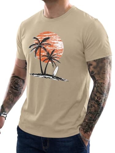 Comdecevis Mens Graphic T-Shirts Cotton Crew Neck Printed Tees Casual for Hawaiian Summer Beach Khaki L - Thumbnail 6