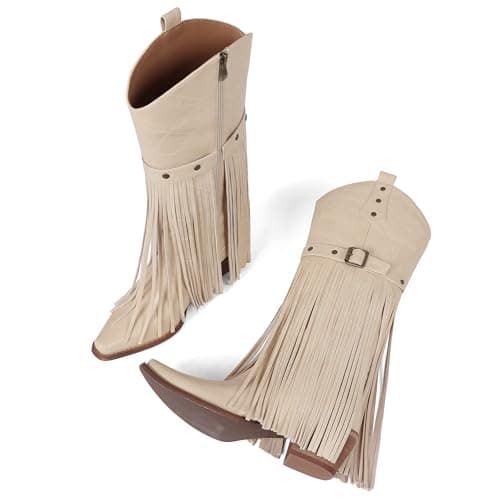 Grakihily Fringe Cowgirl Boots for Women Retro Square Toe Side Zipper Block Chunky Heel Tassel Country Concert Outfits Mid Calf Western Cowboy Boots,Beige Size 8 - Thumbnail 4