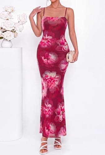BTFBM Womens Summer Maxi Dress 2026 Floral Mesh Spaghetti Straps Sleeveless Sexy Bodycon Wedding Cocktail Party Dresses(Floral Rose Pink, Medium) - Thumbnail 6
