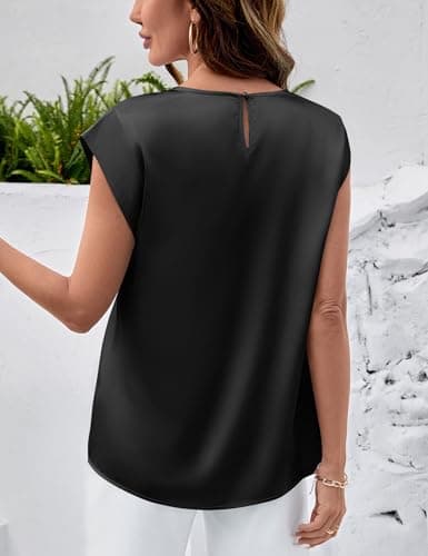 LOMON Womens Silk Satin Tops Summer Cap Sleeve Shirts Dressy Crew Neck Tank Tops Loose Business Casual Blouses XXL Black - Thumbnail 4