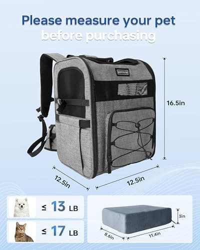 Hiking Dog Carrier Backpack, Padded Height-Enhancing Design, Adjustable Waist Cushioning Belt with Breathable Padded Back Support, Dog Carrier Backpack for Small Dogs Max 13LB Grey with Pad - Thumbnail 6