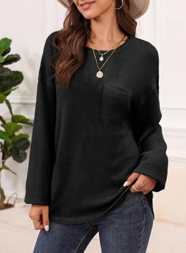 Dokotoo Womens Tops Trendy 2026 Spring Sweater Outfits Long Sleeve Shirts Women Blouses Dressy Women's Clothing Fashion Casual Business Cute Oversized Tunic Loose Fit Tshirts Teacher Outfits Black - Thumbnail 6