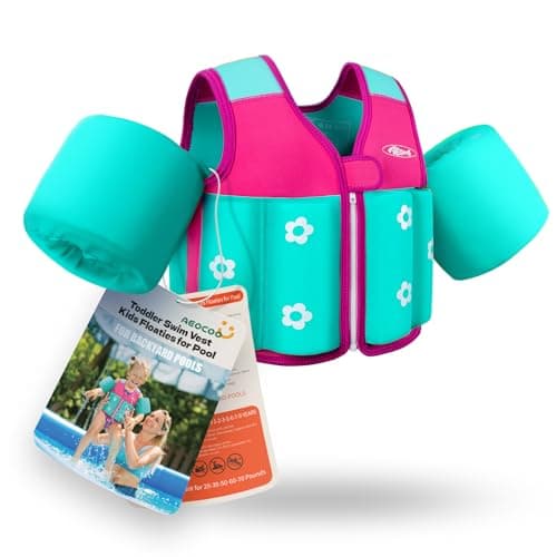 AEOCOO Toddler Swim Vest 20-30-50-70 Pounds, Kids Pool Floaties for 1-2-3-5-7-9 Years Old, Comfortable Wear Bright Float Jacket with Water Ring, Unpadded Sides for Arm Comfort, Boys, Girls, Pink