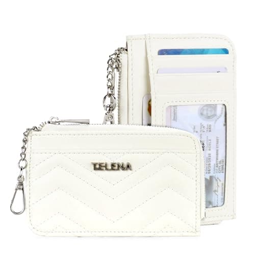 Telena Slim Wallet Women RFID Blocking Credit Card Holder Leather Coin Purse with Silver Keychain Beige