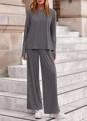 KIRUNDO Spring 2 Piece Lounge Sets for Women Long Sleeve Ribbed Knit Tops Wide Leg Pants Matching Travel Outfits Postpartum(Dark Grey, X-Large) - Thumbnail 5