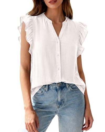 Zenlonr Womens Short Ruffle Sleeve Shirts V Neck Button Down Shirt Solid Color Going Out Spring Tops(White,XX-Large)