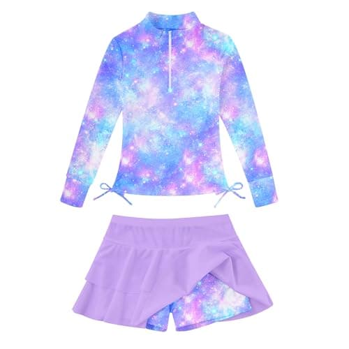 Swimsuit for Kids Rash Guard Sets 5-6T Beach Bathing Suits Purple Galaxy Bikini Swimwear with Cover Up Skirts Pretty Children Beachwear for Girls 5-6 Years Old Blue Rashguard with Short for Beach