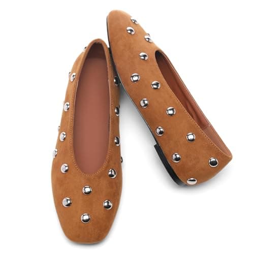RBTHOLP Studded Flats for Women Suqare Toe Slip on Suede Ballet Flats Comfortable Walking Studs Ballet Shoes Brown - Image 1
