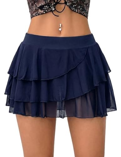 Avidlove Women's Y2K Ruffle Mini Skirt High Waisted Layered Flowy Skorts Skirt Rave Party Skirts Summer Vacation Outfits Navy Blue - Image 1