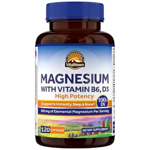 Vitalitown Magnesium with Vitamin B6, D3, Magnesium Citrate, 100% Daily Value, Buffered, Gentle on Stomach, Sleep, Bone, Energy, Non-GMO, 120ct