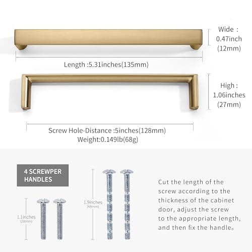 Synkylux 10 Pack Brushed Brass Cabinet Pulls 5-inch(128mm) Hole Center Kitchen Cabient Hardware Gold Cabinet Handles Drawer Pulls,Cabinet Pulls,Cupboards, Dressers and Square Solid Metal Hardware - Thumbnail 2