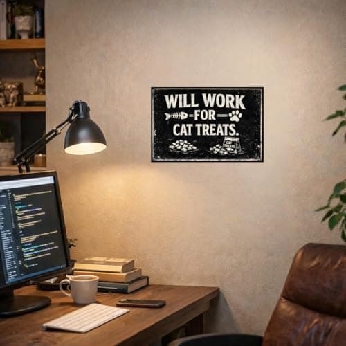 Will Work For Cat Treats Vintage Tin Sign Funny Pet Lover Wall Decor Retro Metal Plaque Rustic Humor Artwork for Home Kitchen Office Cat Room 8x12 Inch Pre Drilled Holes - Thumbnail 2