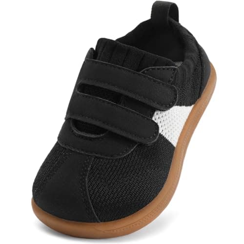 Toddler Boys Shoes Wide Toe Box Barefoot Shoes Boy Sneakers Kids Tennis Shoe Preschool Breathable Non Slip Flexible Lightweight Comfortable First Walking Running Gym Outdoor Black White Infant Size 4 - Image 1