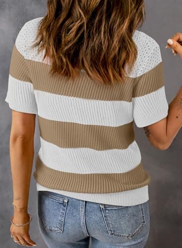 Dokotoo Womens Summer Tops Casual Short Sleeve Crewneck Shirts for Women 2026 Fashion Trendy Striped Colorblock Blouses T-Shirt Cute Round Neck Top Khaki Small - Thumbnail 2