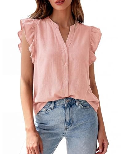 Zenlonr Women's Ruffle Short Sleeve Summer Tops 2026 V Neck Button Down Shirt Solid Color Going Out Tops Pink - Image 1