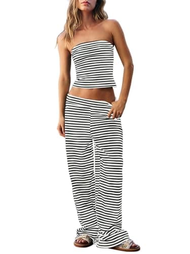 Dokuritu Summer Two Piece Sets for Women Casual Striped Tube Top & Floor Length Pant Low Waist Sleeveless Womens Travel Outfit for Airplane Vacation - Image 1