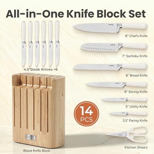 SMIRLY 14-Piece Kitchen Knife Set with Magnetic Block, High Carbon Stainless Steel Chef Knives, Ultra Sharp, Dishwasher Safe, Cream White - Thumbnail 2