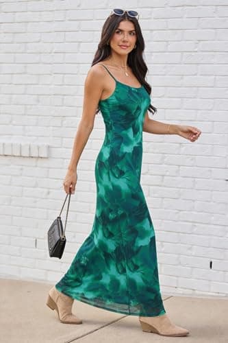 ZAFUL Womens Summer Floral Maxi Dress Spaghetti Strap Mesh Stretch A Line Dresses 2026 Boho Casual Vacaion Party Wedding Guest Slip Long Dresses Spring Clothing Green X-Large - Thumbnail 6