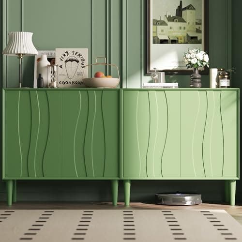 Easyego 63″ Mid Century Modern Sideboard Buffet Cabinet, Green Wood Accent Storage with 4 Doors & Adjustable Shelves for Living Room, Entryway, Dining Room, 2-Piece Set