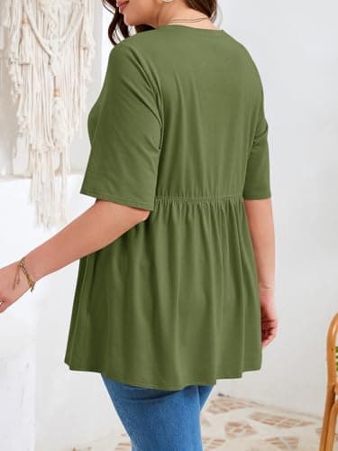 Beautife Womens Plus Size Summer Babydoll Tops Short Sleeve Crew Neck T Shirts Peplum Casual Loose Fit Blouse Army Green - Thumbnail 5
