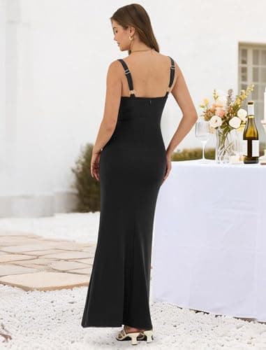 ZAFUL Long Black Dress Women's Sexy Wedding Guest Dress Formal Sleeveless Cocktail Floral Mesh Ruched Bodycon Maxi Party Long Dresses - Thumbnail 2