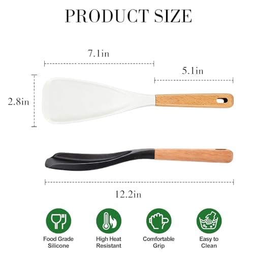 Silicone Cooking Spoon for Nonstick Cookwares - Heat Resistant Silicone Spatula & Serving Spoon, BPA-Free Wood Handle Spoon for Mixing Scoop Scrape, Kitchen Utensils Set Alternative(Black+White) - Thumbnail 2