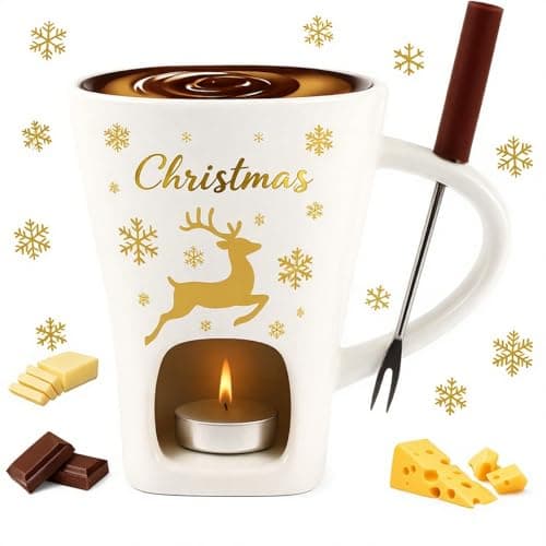 HANEVEAR Chocolate Fondue Mug, Mini Chocolate Melting Mug with 2 Forks and 2 Tealights, Ceramic Fondue Cup with Festive Holiday Pattern for Cheese, Butter - Birthday, Christmas, Wedding Gift (White)