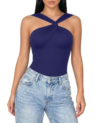 MANGOPOP Women's Sleeveless Twist Knot Asymmetrical Bodysuit Double Lined Sexy Thong Body Suit Top 2026, Deep Blue, Medium - Thumbnail 2