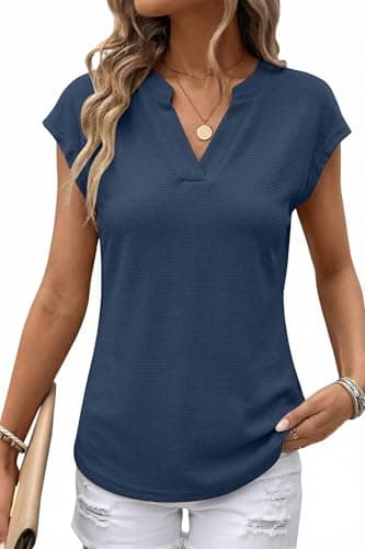 AUMORA Womens Waffle Knit V Neck Cap Sleeve T Shirts Summer Casual Solid Color Basic Tops for Women Dark Blue - Image 1