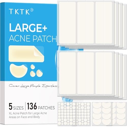 TKTK Large Pimple Patches for Face, 68 x 27 mm XL Hydrocolloid Bandages, Big Acne Patches for Body, Forehead, Chin, Nose, Chest and Back Blemish Zit Breakouts (Strip, Contoured, Dot 5 Sizes 136 Count) - Image 1