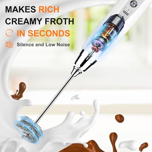 YUSWKO White Handheld Milk Frother Wand with Stand for Coffee, Rechargeable Electric Whisk with 3 Heads 3 Speeds Drink Mixer Coffee Frother For Latte, Cappuccino, Hot Chocolate, Egg - Thumbnail 6