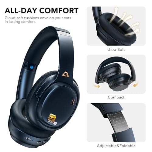 1Mii E700 Hybrid Active Noise Cancelling Headphones, Bluetooth Wireless Hi-Res Audio LDAC, Comfortable Over Ear for Commuters Traveler Student, aptX Low Latency for TV Home Office Airplane, Blue - Thumbnail 6