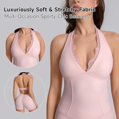 KAIFUYING One Piece Workout Jumpsuits For Women Backless Bodycon Bodysuits Lace Trim V-Neck Short Sexy Workout Sets Pink-M - Thumbnail 3