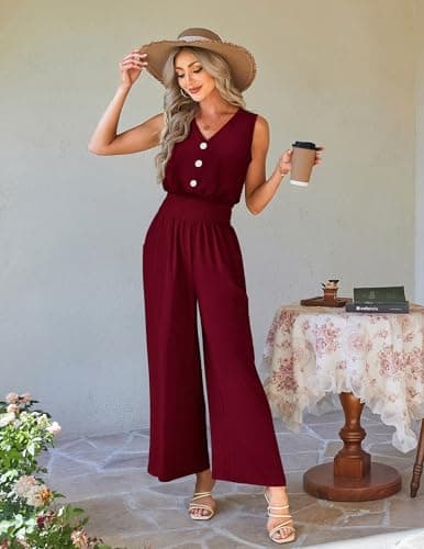 LOOKBOHO Womens Trendy Jumpsuit Dressy Casual Rompers Summer Sleeveless V Neck Elastic Waist Wide Leg Pants 2026(WR,S) - Thumbnail 4