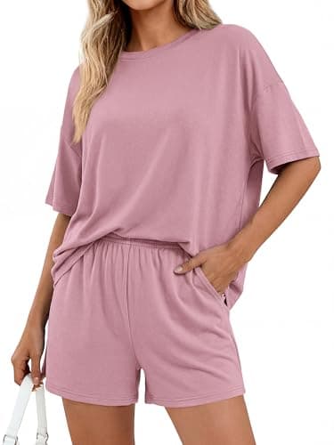 BTFBM 2 Piece Lounge Sets For Women 2026 Summer Airport Travel Vacation Outfits Loose Matching Clothing Spring Short Set(Pink, Small) - Thumbnail 4