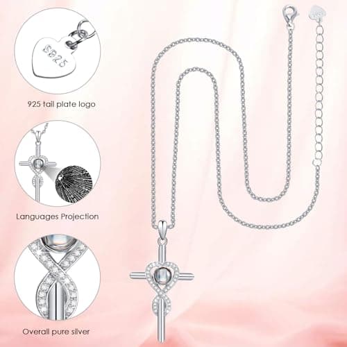 Juvux Projection Cross Necklace 925 Sterling Silver Pendant Necklace with I Love You 100 Languages, Love Heart Cross Necklace Jewelry Gifts for Men Women Mom Dad Friends Daughter - Thumbnail 4