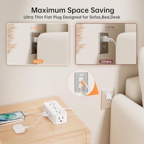 6.5Ft Power Strip with Surge Protector, 4 Outlets 3 USB Ports Extension Cord, Flat Plug Charging Station for Home Office Desk & College Dorm Essentials, White - Thumbnail 5