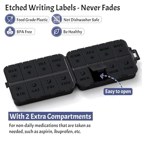 Foldable & Portable Pill Organizer 2 Times A Day with Extra Compartments - Etched Labels - Weekly 7 Day AM PM Medicine Box, Week Daily Travel Pill Case Holder Dispenser for Vitamin, Supplement - Black - Thumbnail 2