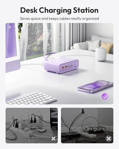 NTONPOWER Flat Plug Power Strip, Desktop Charging Station with 25W USB C Ports, Purple Extension Cord with 4 AC Outlets, 5ft Flat Extension Cord for Home Office, Dorm Room Essentials - Thumbnail 4
