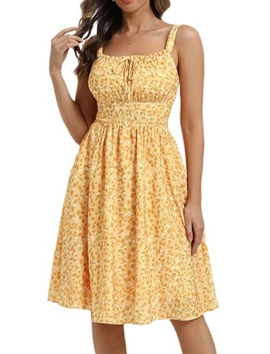 Belle Poque 2026 Summer Yellow Floral Dress for Women Midi A Line Sundress Cute Milkmaid Dress with Pockets S - Thumbnail 6