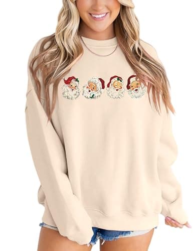 MAPICK Oversized Christmas Sweatshirt for Women Santa Claus Graphic Crewneck Sweaters Retro Xmas Long Sleeve 2025 Clothes(Apricot1,XX-Large) - Image 1