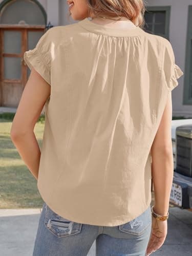 Tankaneo Womens Ruffle Short Sleeve Blouses Summer Casual V Neck Tops Loose Curved Hem Cotton Shirts Apricot - Thumbnail 6