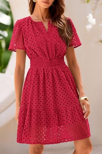 PRETTYGARDEN Womens 2025 Summer Short Dress V Neck Short Sleeve A Line Hollow Out Lace Ruffle Cute Casual Beach Party Dresses (Red,Medium) - Thumbnail 5