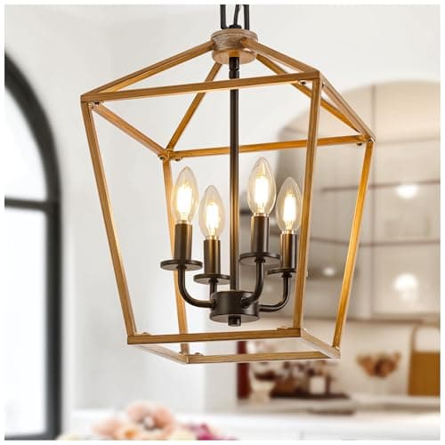 L LOHAS LED Oak Brown Farmhouse Chandelier, Industrial 4-Light Lantern Light, Dining Room Lighting Fixtures, Adjustable Height Metal Cage, Kitchen Island, Entryway, E12 - Image 1